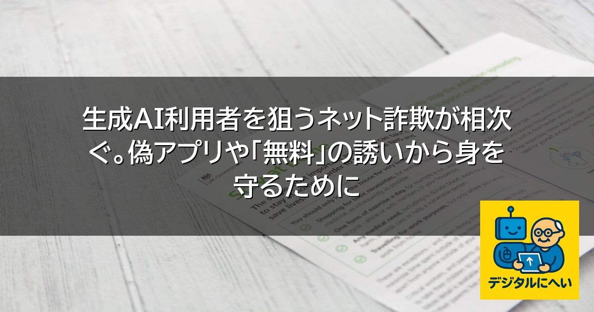 【デジタル庁最新ニュース（外部情報）】 生成AI利用者を狙うネット詐欺が相次ぐ。偽アプリや「無料」の誘いから身を守るために